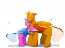 Size: 2048x1536 | Tagged: safe, artist:mikkybun, derpibooru import, oc, oc only, changedling, changeling, commission, crying, duo, hug, simple background, white background