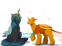 Size: 2048x1536 | Tagged: safe, artist:mikkybun, derpibooru import, queen chrysalis, oc, changedling, changeling, changeling queen, g4, commission, crying, duo, female, simple background, sitting, watermark, white background