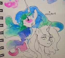 Size: 2048x1811 | Tagged: safe, artist:mikkybun, derpibooru import, princess celestia, princess luna, alicorn, pony, g4, blushing, duo, female, looking at each other, looking at someone, looking back, mare, traditional art, watercolor painting