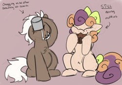 Size: 1000x700 | Tagged: safe, artist:php193, derpibooru import, oc, oc only, oc:buttermuffin, oc:cookie dunk, earth pony, chubby, cute, drink, drinking, duo, duo female, eating, female, food, funny, mare, milk, muffin, silly, simple background