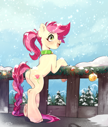 Size: 3048x3594 | Tagged: safe, artist:draco zero, derpibooru import, roseluck, earth pony, pony, g4, alternate hairstyle, bell, bell collar, braid, braided tail, butt, christmas ornament, collar, commission, commissioner:doom9454, decoration, dock, frog (hoof), pine tree, plot, pony pet, ponytail, rosepet, snow, standing, tail, tree, underhoof, winter