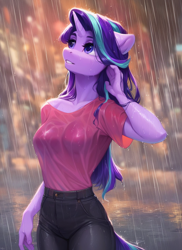 Size: 1024x1408 | Tagged: safe, ai content, derpibooru import, machine learning generated, starlight glimmer, anthro, g4, clothes, outdoors, prompter:ilham470, rain, solo, wet, wet clothes