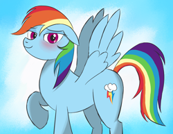 Size: 3300x2550 | Tagged: safe, anonymous artist, derpibooru import, rainbow dash, pegasus, pony, g4, blushing, ears, female, floppy ears, gradient background, looking at you, mare, raised hoof, raised leg, shading, solo, spread wings, wings