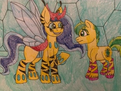 Size: 4032x3024 | Tagged: safe, artist:adeanthepurpledragon, derpibooru import, oc, oc:bee-zlebub, oc:emerald dream, changedling, changeling, earth pony, the hive, traditional art