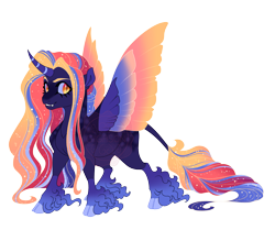 Size: 4300x3600 | Tagged: safe, artist:gigason, derpibooru import, oc, oc only, oc:sundown palette, alicorn, pony, g4, adoptable, alicorn oc, blank flank, blaze (coat marking), blue coat, blue hooves, blue sclera, cloven hooves, coat markings, colored, colored eyebrows, colored hooves, colored horn, colored pinnae, colored sclera, colored wings, colored wingtips, countershading, curved horn, dappled, ethereal mane, ethereal wings, eyelashes, facial markings, fangs, female, female oc, fetlock tuft, flat colors, glowing, glowing mane, glowing tail, gradient fetlocks, gradient legs, gradient mane, gradient tail, gradient wings, gradient wingtips, high res, hooves, horn, leg markings, long eyelashes, long mane, long tail, looking back, magical lesbian spawn, mare, mare oc, multicolored mane, multicolored tail, multicolored wings, obtrusive watermark, offspring, orange eyes, parent:luster dawn, parent:nightmare moon, simple background, slit eyes, smiling, socks (coat marking), solo, sparkles, sparkly mane, sparkly tail, spread wings, standing, starry mane, starry tail, striped horn, tail, three quarter view, transparent background, unshorn fetlocks, watermark, wings