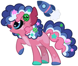 Size: 1412x1192 | Tagged: safe, artist:strawberry-spritz, derpibooru import, oc, oc only, earth pony, pony, g4, base used, big ears, black sclera, blaze (coat marking), blue eyes, blue hooves, blue mane, blue mouth, blue tail, blue tongue, coat markings, colored belly, colored hooves, colored mouth, colored pinnae, colored tongue, commission, crossover fusion, curly hair, curly mane, curly tail, ears, earth pony oc, eye markings, eyelashes, facial markings, female, female oc, fusion, fusion:pinkie pie, fusion:stitch, hair accessory, hairclip, hooves, leg markings, lilo and stitch, long tail, mane accessory, mare, mare oc, mismatched hooves, multicolored hooves, open mouth, open smile, pale belly, pink coat, profile, raised hoof, raised leg, simple background, smiling, snip (coat marking), solo, splotches, standing on three hooves, tail, tail accessory, tail clip, torn ear, transparent background