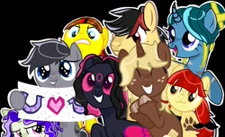 Size: 1280x782 | Tagged: safe, artist:tayota, derpibooru import, oc, oc:kesha, oc:klaus, oc:lychee, oc:tayota, oc:tweek, earth pony, pegasus, pony, unicorn, group, horn