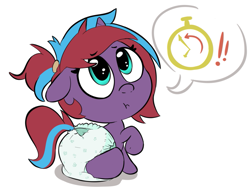 Size: 969x744 | Tagged: safe, artist:lazynore, derpibooru import, oc, oc only, oc:charming dazz, pony, unicorn, age regression, clock, diaper, ears, eyebrows, eyebrows visible through hair, female, female oc, filly, filly oc, floppy ears, foal, horn, looking at you, looking up, looking up at you, sitting, speech bubble, two toned mane, unicorn oc, younger