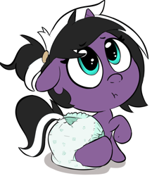 Size: 600x696 | Tagged: safe, alternate version, artist:lazynore, derpibooru import, oc, oc only, oc:charming dazz, pony, skunk, unicorn, age regression, clock, diaper, ears, eyebrows, eyebrows visible through hair, female, female oc, filly, filly oc, floppy ears, foal, horn, looking at you, looking up, looking up at you, sitting, two toned mane, unicorn oc, younger