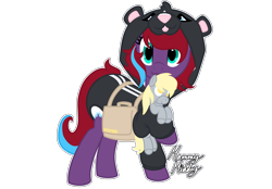 Size: 2360x1640 | Tagged: safe, artist:mommymidday, derpibooru import, derpy hooves, oc, oc only, oc:charming dazz, pony, unicorn, g4, bag, clothes, costume, diaper, diaper fetish, diaper under clothes, female, fetish, hoof hold, horn, kigurumi, looking at you, mare, mare oc, non-baby in diaper, onesie, outline, plushie, saddle bag, signature, simple background, tail, transparent background, two toned mane, two toned tail, unicorn oc, white outline