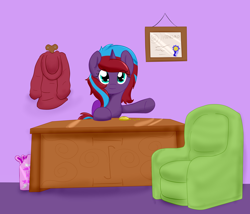 Size: 3500x3000 | Tagged: safe, artist:ricktin, derpibooru import, oc, oc only, oc:charming dazz, pony, unicorn, armchair, bag, certificate, chair, clock, clothes, diaper, diaper bag, female, female oc, horn, implied mental regression, indoors, looking at you, mare, mare oc, office, pocket watch, shirt, sitting, table, two toned mane, unicorn oc, waving