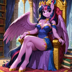 Size: 1248x1248 | Tagged: safe, ai content, derpibooru import, machine learning generated, twilight sparkle, twilight sparkle (alicorn), alicorn, anthro, unguligrade anthro, g4, book, castle, clothes, crown, dress, female, golden throne, hooves, jewelry, legs together, library, looking at you, prompter:ramaca, regalia, smiling, solo, solo female, throne, throne room, wings