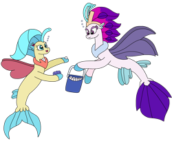 Size: 2641x2168 | Tagged: safe, artist:supahdonarudo, derpibooru import, princess skystar, queen novo, seapony (g4), g4, bubble, bucket, clam, female, holding, mother and child, mother and daughter, parent and child, pearl, simple background, transparent background