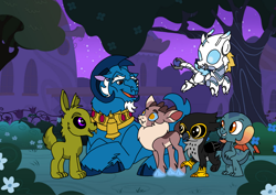 Size: 1414x1000 | Tagged: safe, artist:melspyrose, artist:zetikoopa, derpibooru import, dragon lord torch, grogar, prince blueblood, oc, oc:khalfani, deer, dragon, griffon, rabbit, reindeer, sheep, them's fightin' herds, g4, animal, community related, male, monster prince blueblood, ram, sianach, springtrap, stronghoof hoofstrong (tfh), younger