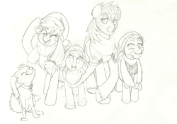 Size: 6000x4225 | Tagged: safe, artist:prismspark, derpibooru import, apple bloom, applejack, big macintosh, granny smith, winona, dog, earth pony, pony, g4, absurd resolution, apple family, black and white, clothes, eye clipping through hair, eyebrows, eyebrows visible through hair, eyes closed, female, filly, foal, grayscale, group, hat, headphones, looking at you, male, mare, monochrome, one eye closed, open mouth, raised hoof, raised leg, scarf, simple background, smiling, smiling at you, stallion, unshorn fetlocks, waving, white background, winter hat, winter outfit