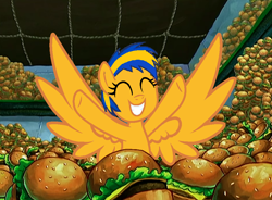 Size: 948x696 | Tagged: safe, artist:mlpfan3991, derpibooru import, oc, oc only, oc:flare spark, pegasus, g4, base used, burger, eyes closed, female, food, hamburger, just one bite, krabby patty, smiling, solo, spongebob squarepants