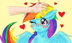 Size: 4381x2648 | Tagged: safe, derpibooru import, rainbow dash, human, pegasus, pony, g4, blushing, hand, head pat, heart, pat, petting