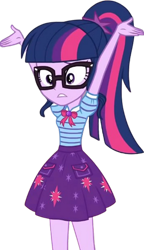 Size: 750x1305 | Tagged: safe, derpibooru import, edit, edited screencap, editor:mrtoonlover83, screencap, sci-twi, twilight sparkle, human, equestria girls, g4, arms in the air, background removed, clothes, female, glasses, not a vector, shirt, skirt