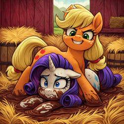 Size: 1536x1536 | Tagged: safe, ai content, derpibooru import, generator:stable diffusion, machine learning generated, applejack, rarity, earth pony, pony, unicorn, g4, asserting dominance, barn, dirty, duo, duo female, evil smile, eyebrows down, female, frown, generator:stable noobai, grin, hatless, hay, horn, looking at someone, looking down, lying down, mare, missing accessory, mud, mud wrestling, muddy, muddy hooves, prompter:tyto4tme4l, prone, smiling, sports, sweat, sweatdrops, teeth, wood, wrestling