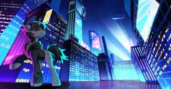 Size: 3330x1728 | Tagged: safe, artist:alus, derpibooru import, oc, oc only, oc:santander, pony, unicorn, clothes, commission, cyberpunk, hoodie, horn, looking back, raised hoof, raised leg, sierra nevada, solo