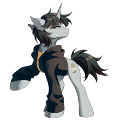 Size: 1432x1461 | Tagged: safe, artist:alus, derpibooru import, oc, oc only, oc:santander, pony, unicorn, blue eyes, clothes, commission, gray coat, gray mane, hoodie, horn, looking back, raised hoof, raised leg, sierra nevada, simple background, solo, white background