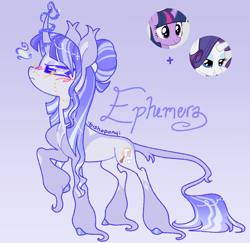 Size: 2060x2000 | Tagged: safe, artist:bishopony, derpibooru import, rarity, twilight sparkle, oc, oc:ephemera, pony, unicorn, g4, coat markings, concave belly, ear tufts, female, fusion:rarity, fusion:twilight sparkle, glasses, glasses chain, glowing, glowing horn, gradient background, hair bun, high res, horn, long feather, mare, name, narrowed eyes, nose in the air, raised hoof, raised leg, signature, slender, solo, tail, tail fluff, thin