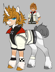 Size: 1280x1671 | Tagged: safe, artist:malinraf1615, derpibooru import, pony, unicorn, clothes, gray background, horn, kingdom hearts, male, ponified, roxas, simple background, solo, species swap, stallion