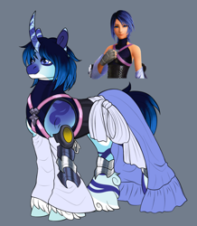 Size: 1280x1467 | Tagged: safe, artist:malinraf1615, derpibooru import, pony, unicorn, aqua, clothes, female, gray background, horn, kingdom hearts, mare, ponified, simple background, solo, species swap