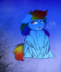 Size: 2330x2741 | Tagged: safe, artist:jehr, derpibooru import, rainbow dash, pegasus, pony, chest fluff, cloud, cold, ear fluff, ears, ears back, eyelashes, female, fluffy, gradient background, looking at you, mare, night, night sky, on a cloud, open mouth, pink eyes, sitting, sitting on cloud, sky, solo, solo female, sparkles, stars, teeth, wings, winter