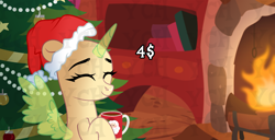 Size: 2280x1164 | Tagged: safe, derpibooru import, pony, bookshelf, chocolate, christmas, christmas tree, commission, cup, fireplace, food, hat, holiday, hot chocolate, mug, santa hat, solo, tree, your character here