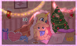 Size: 3340x2020 | Tagged: safe, derpibooru import, pony, christmas, christmas lights, christmas stocking, christmas tree, comfy, commission, computer, cookie, food, holiday, laptop computer, pillow, plushie, present, sitting, smiling, solo, tree, your character here