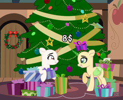 Size: 2500x2028 | Tagged: safe, derpibooru import, pony, christmas, christmas lights, christmas tree, commission, holiday, laughing, present, smiling, stars, tree, wreath, your character here