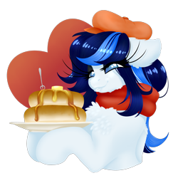 Size: 4000x4000 | Tagged: safe, artist:mosssong, derpibooru import, oc, oc only, oc:misty days, pony, autumn, beret, blue eyes, blue mane, bucktooth, bust, butter, chest fluff, clothes, demiphant, ear fluff, ears, female, fluffy, food, fork, hat, lineless, long ears, mare, no pupils, pancakes, plate, scarf, simple background, smiling, solo, syrup, transparent background, two toned mane, waist up, white coat, white fur