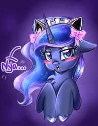 Size: 1589x2048 | Tagged: safe, artist:pozya1007, derpibooru import, princess luna, alicorn, pony, :3, blushing, bow, cat ears, cute, nya, open mouth, solo