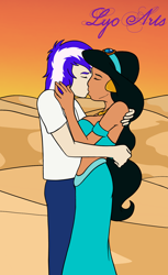 Size: 1100x1800 | Tagged: safe, alternate version, artist:linedraweer, derpibooru import, oc, oc:carlos, oc:lightning burn, human, equestria girls, g4, aladdin, canon x oc, commission, desert, disney, disney princess, female, happy, humanized, kissing, male, princess jasmine, straight