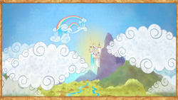 Size: 1920x1080 | Tagged: safe, derpibooru import, screencap, friendship is magic, g4, book, canterlot, castle, cloud, cloudsdale, equestria, illustration, it begins, my little pony: friendship is magic, no pony, pony history, scenery, start of ponies