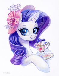 Size: 1017x1300 | Tagged: safe, artist:maytee, derpibooru import, part of a set, rarity, pony, unicorn, g4, bust, colored pencil drawing, cup, eyeshadow, female, glowing, glowing horn, hat, horn, levitation, looking at you, magic, magic aura, makeup, mare, portrait, simple background, smiling, smiling at you, solo, teacup, telekinesis, traditional art, white background