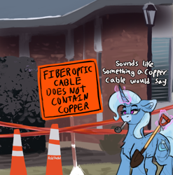 Size: 1508x1524 | Tagged: safe, artist:reddthebat, derpibooru import, trixie, pony, unicorn, g4, crack pipe, female, glowing, glowing horn, horn, implied theft, levitation, magic, mare, mouth hold, pipe, shovel, sign, solo, telekinesis, traffic cone