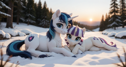 Size: 3360x1792 | Tagged: safe, ai content, derpibooru import, machine learning generated, shining armor, twilight velvet, pony, unicorn, g4, anonymous prompter, chest fluff, cute, duo, ear fluff, ears, female, generator:pony realism 2.1, horn, looking at you, lying down, lying on the ground, male, mare, mother and child, mother and son, on ground, outdoors, parent and child, photorealistic, prompt in description, prompt in metadata, prone, realistic, smiling, smiling at you, snow, stallion, sunset, tree, two toned mane, unshorn fetlocks