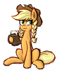 Size: 494x616 | Tagged: safe, artist:daze, derpibooru import, applejack, earth pony, pony, g4, alternate hairstyle, belly, chest fluff, cider, drink, female, hoof hold, mare, simple background, sitting, solo, transparent background