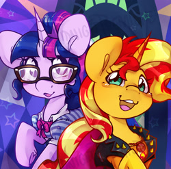 Size: 2000x1972 | Tagged: safe, artist:midnightpremiere, derpibooru import, sci-twi, sunset shimmer, twilight sparkle, pony, unicorn, g4, clothes, cute, duo, duo female, equestria girls outfit, equestria girls ponified, female, horn, looking at you, mare, open mouth, open smile, ponified, shimmerbetes, smiling, smiling at you, species swap, twiabetes, unicorn sci-twi, watermark