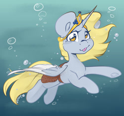 Size: 2000x1878 | Tagged: safe, artist:midnightpremiere, derpibooru import, derpy hooves, alicorn, pony, g4, alicornified, bag, bubble, crown, cute, derpabetes, derpicorn, female, jewelry, looking at you, mare, race swap, regalia, saddle bag, smiling, smiling at you, solo, swimming, tongue, tongue out, underwater, water