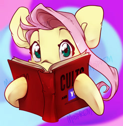 Size: 1958x2000 | Tagged: safe, artist:midnightpremiere, derpibooru import, fluttershy, pegasus, pony, friendship is witchcraft, g4, abstract background, book, bust, cult leader fluttershy, female, looking at you, mare, solo