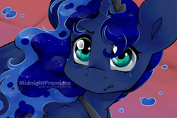 Size: 2000x1333 | Tagged: safe, artist:midnightpremiere, derpibooru import, princess luna, alicorn, pony, g4, abstract background, bust, female, frown, mare, signature, solo