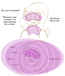 Size: 2199x2598 | Tagged: safe, artist:moonatik, derpibooru import, fluttershy, pegasus, pony, g4, 2 panel comic, colored sketch, comic, female, hypnogear, hypnogoggles, hypnosis, hypnotized, hypnovember 2024, lip bite, mare, offscreen character, pov, sketch, swirly eyes