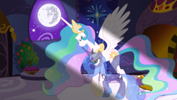 Size: 4532x2577 | Tagged: safe, artist:alicesponycorner, derpibooru import, princess celestia, princess luna, alicorn, ghost, ghost pony, pony, undead, g4, accessory, adobe, canterlot castle, canterlot castle interior, clothes, concave belly, crown, crying, duo, duo female, female, flowing hair, flowing mane, flowing tail, grief, height difference, hug, indoors, jewelry, light, looking out the window, mare, mare in the moon, moon, raised hoof, raised leg, regalia, regret, royal sisters, s1 luna, sad, see-through, show accurate, siblings, sisters, slender, spirit, spread wings, tail, tall, thin, window, winghug, wings, young luna