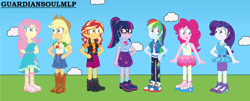 Size: 828x336 | Tagged: safe, artist:guardiansoulmlp, derpibooru import, applejack, fluttershy, pinkie pie, rainbow dash, rarity, sci-twi, sunset shimmer, twilight sparkle, human, better together, equestria girls, g4, female, humane five, humane seven, humane six