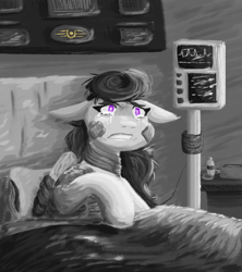 Size: 1600x1800 | Tagged: safe, artist:hiddenfaithy, derpibooru import, oc, oc only, oc:skyfire lumia, pegasus, fallout equestria, bandaged, bed, fallout equestria: uncertain ties, fanfic art, grayscale, hospital bed, injured, monochrome, not octavia, painting, stable-tec