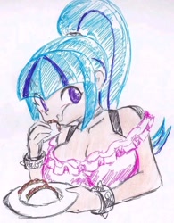 Size: 720x924 | Tagged: source needed, safe, artist:elgatosabio, derpibooru import, sonata dusk, human, g4, big breasts, breasts, bust, cleavage, clothes, eating, food, humanized, light skin, sonata bust, sonataco, spiked wristband, taco, traditional art, wristband