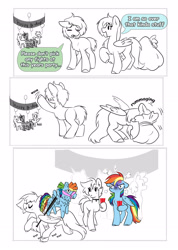 Size: 2700x3782 | Tagged: safe, artist:opalacorn, derpibooru import, rainbow dash, oc, oc:silver stream, alicorn, earth pony, pegasus, pony, unicorn, zebra, g4, butt, comic, cross-popping veins, cup, emanata, female, hoof hold, horn, male, mare, partial color, piñata, plot, red solo cup, sack, simple background, smiling, stallion, trotting, waving, white background, zebra alicorn, zebra oc